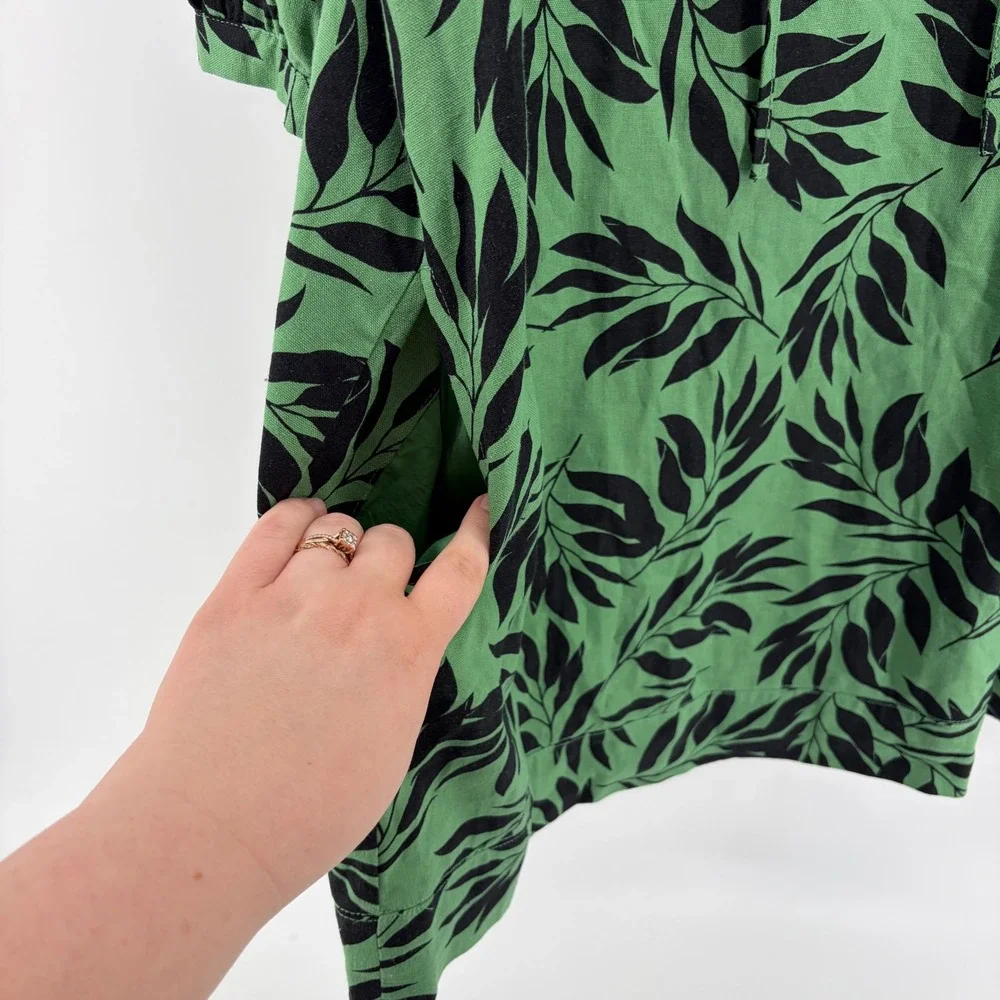 Who What Wear Dress XXL Green Linen Blend Leaf Print Puff Sleeve Shift Pockets - Picture 2 of 6